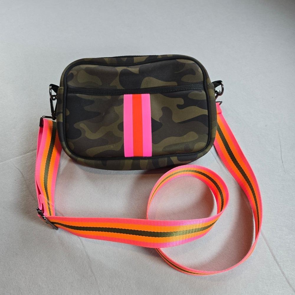 Haute Shore Drew Camo Neoprene Crossbody Bag Neon Pink Orange Stripe Sporty